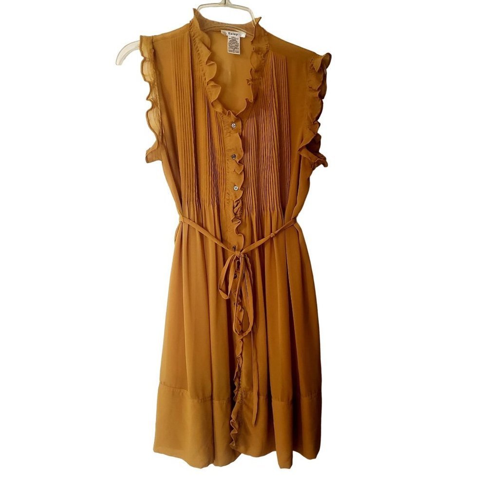 Esley NWOT  Ruffled Sheer W/Removable Cami Lining Mustard Dress Size M